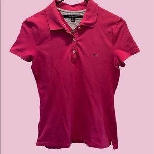 thrifted tommy hilfiger hot pink polo tshirt with side slits at the bottom